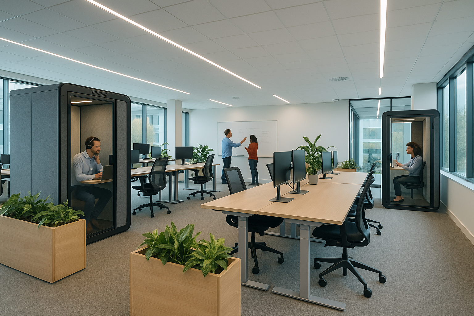 Modulaire geluidsdichte cabines in modern kantoor