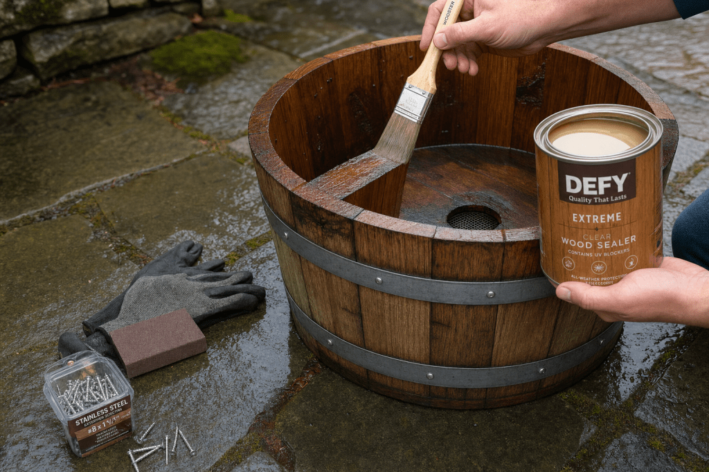 Hoe bescherm je een plantenbak van een wijnvat tegen houtrot en weersinvloeden, zodat hij jarenlang buiten meegaat?