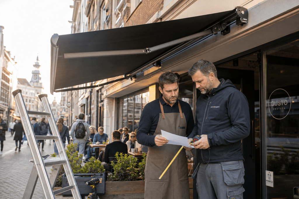 Wat kost een horeca zonnescherm gemiddeld (aankoop, montage en onderhoud) en waar moet je op letten om verrassingen te voorkomen?