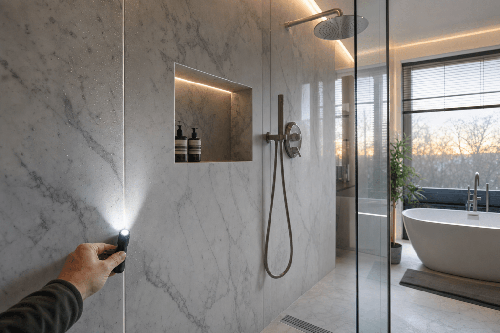 Is een wandpaneel marmer geschikt voor natte ruimtes zoals de badkamer (en waar moet je op letten bij waterdichting en kitnaden)?