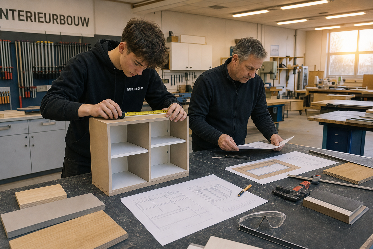 Student interieurbouwer aan het werk in een onderwijsomgeving